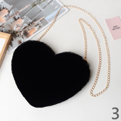 Damen Herzförmige Kunstfell Crossbody Schultertasche Uni Plüsch Kette Kawaii - Bild 6 von 25
