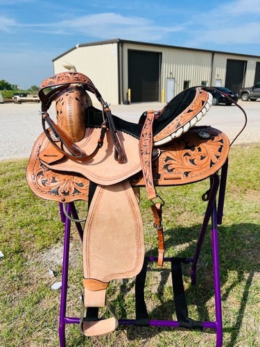 Western Horse Barrel Saddle Leather 14" 15" 16" 17" With Free Tack set Free Ship - Picture 9 of 33