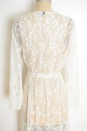 cream lace dress long maxi beach cover up plunging neckline hippie boho S M - Picture 8 of 9