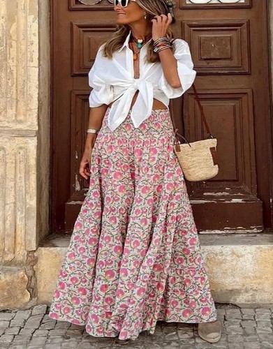 Womens Boho Floral Long Maxi Skirt Ladies High Waist Beach Holiday Swing Dress - Picture 16 of 16