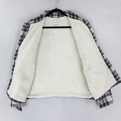 Lucky Brand Jacket Women Medium Gray Off White Plaid Sherpa Lined Shacket Casual - Picture 7 of 12