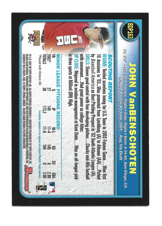 John VanBenschoten AUTOGRAPH Pittsburgh Pirates 2003 Bowman BDP163 AUTO Baseball - Image 2 of 2
