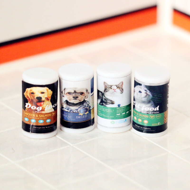 Lote de 4 piezas de lata de decoración mercado de alimentos para casa de muñecas a escala 1:12 para casa de muñecas gato perro mascota tienda de mascotas