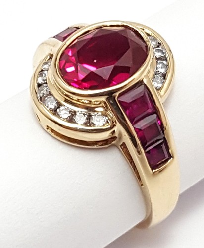 Unique 14K Karat Solid Yellow Gold Designer Synthetic Ruby & Round Diamond Ring - Picture 7 of 19