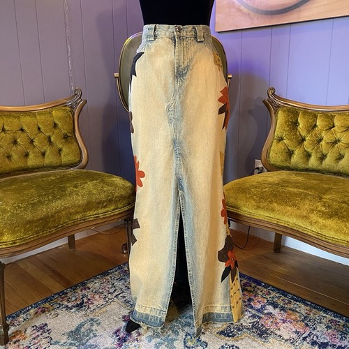 Vintage 90s/Y2K RARE Road Cat Suede And Felt Patchwork Maxi Denim Skirt Size M - Picture 2 of 17
