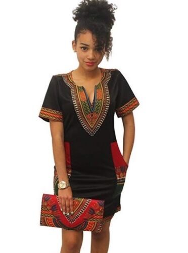 Women Bohemian V Neck Vintage Printed Ethnic Style Summer Shift Dress - Picture 2 of 6