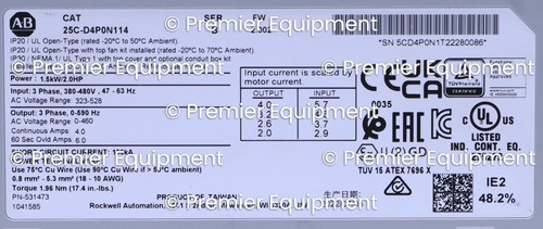 * ALLEN BRADLEY 25C-D4P0N114 POWERFLEX 527 2.0HP FRN 5.001 AC DRIVE - Picture 6 of 6