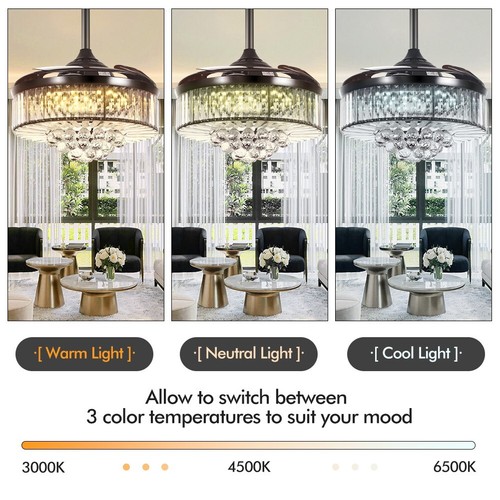 42”Black Ceiling Fan Crystal Chandelier Lighting Remote 3 Color LED Ceiling Lamp - Picture 4 of 15