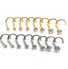 Pair Gold Tone Nose Screw 18G 20G Rings Ring Stainless Clear CZ 1.5-3mm Stud NEW