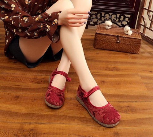 Womens Chinese Embroidered Handmade Flat Shoes Floral Mary Jane Sandals Shoes - Picture 13 of 18