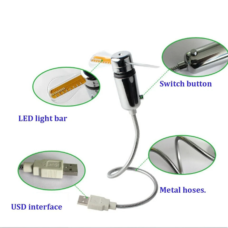 Home Workstation USB Powered Clock Office Desk Fan LED Night Light Computer Mini - Image 4 of 4