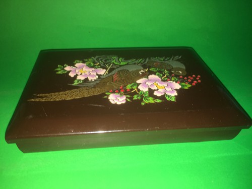 Vintage Japanische Lack Schmuckschatulle. Handbemalter Vogel & Blumenmuster - Bild 6 von 8