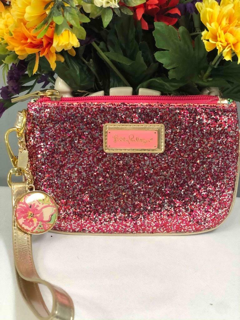 LILLY PULITZER Pink Glitter Gold Leather Trim Wristlet Coin Card Purse LILLY PULITZER Pink Glitter Gold Leather Trim Wristlet Coin Card Purse