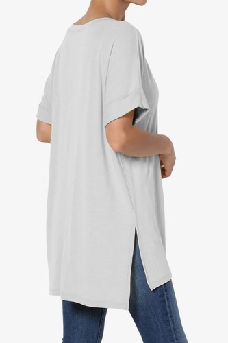T-shirt donna casual scollo a V arrotolata manica corta spacco laterale tunica top - Foto 187 di 249