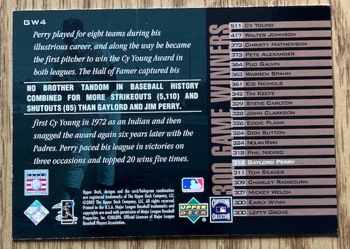 2002 UD Piece of History 300 Game Winners.  GW4-Gaylord Perry - Picture 2 of 2