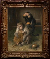 Handmade Old Master-Art Antique Oil Painting Animal Monkeys on canvas 24"x36"