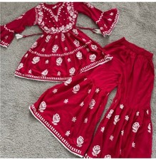 Red Floral Embroidered kids two pieces salwar kamiz cotton linen blended