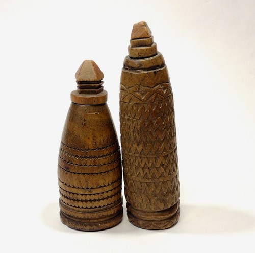Old Kohl Pots Moroccan Makeup Bottles African Carved Wood Lot of 2 - Picture 3 of 17