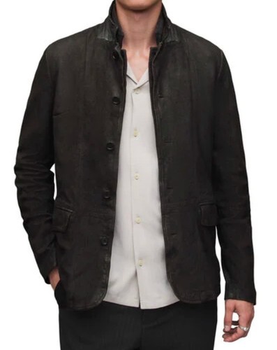 AllSaints Mens SURVEY Double Layered Leather Blazer Anthracite Grey. Size Medium