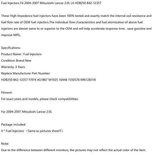 New 4PCS Fuel Injectors HDB250 Fit For 2004-2007 Mitsubishi Lancer 2.0L L4 - Picture 11 of 11