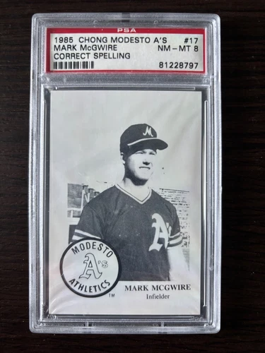 1985 CHONG MODESTO A'S BASEBALL #17 MARK McGWIRE CORRECT SPELLING PSA 8 NM-MT