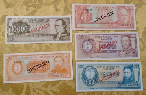 PARAGUAY 1972 100-10000 GUARANIES Complete 5 Specimen CS1 P 199-202,4 UNC 002833 - Picture 2 of 3