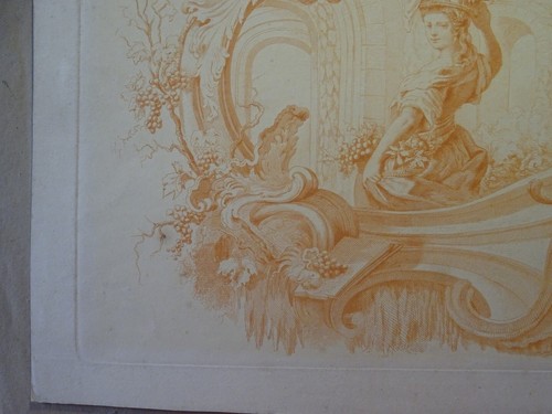 GRANDE GRAVURE SEPIA début XIX° ALLEGORIE FEMME MYTHOLOGIE BACCHUS VENDANGE - Foto 3 di 12