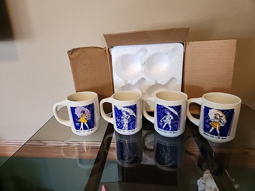 4 Vintage Morton Salt Umbrella Girl Coffee Mugs Cups "When it Rains it Pours"NOS - Picture 2 of 2