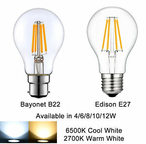 GLS DEL Ampoule Clair Filament Rétro Edison baïonnette Lampe 4/6/8/10/12W B22/E27