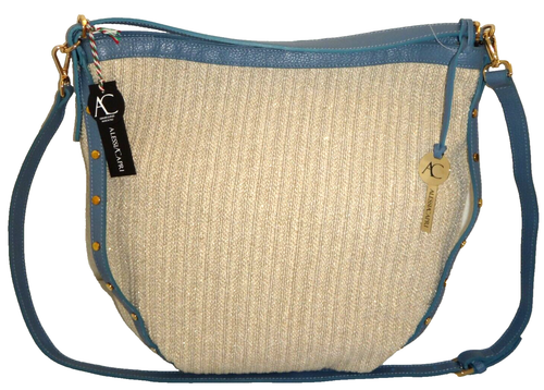 ALESSIA CAPRI Women's Tote Shoulder Bag Textile Blue Leather Gold MADE IN ITALY - Picture 2 of 12