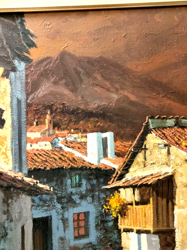 RURAL VILLAGE OIL PAINTING BY ARNALDO CURIA SANTOS SPANISH VILLAGE & MOUNTAINS - Picture 2 of 17