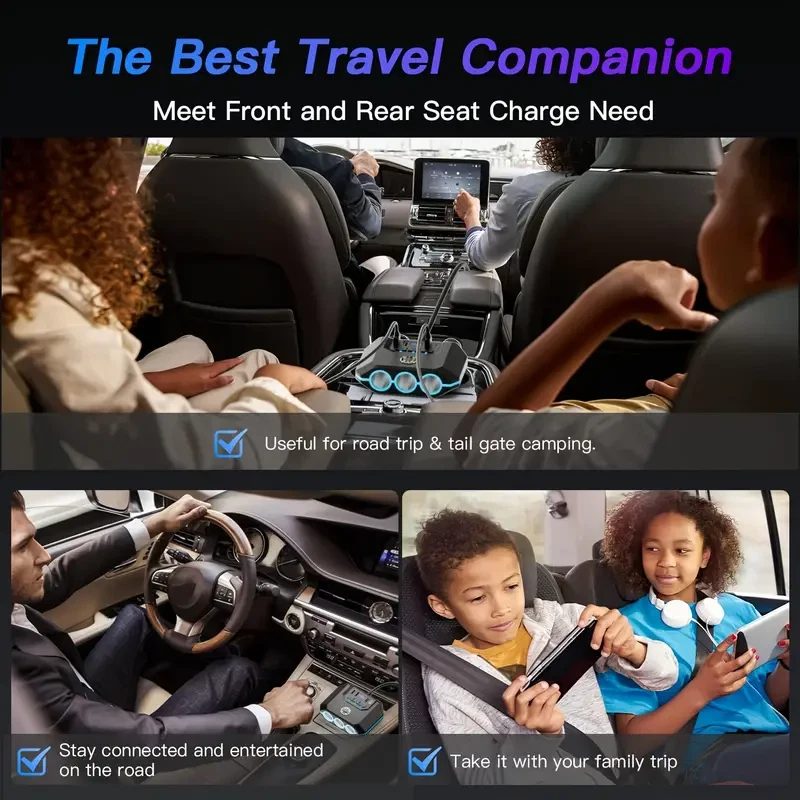 120W 7-in-1 Car Charger with LED Display - Splitter Adapter, 3 AC Outlets & 4 US - Image 2 of 4