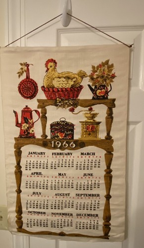 Toalla calendario de ropa de cocina vintage 1966 colgante de pared cocina de campo nido de gallina - Imagen 1 de 6