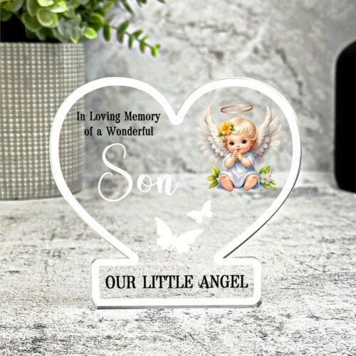 Son Little Angel White Butterflies Memorial Gift Heart Ornament Keepsake Plaque - Picture 2 of 3