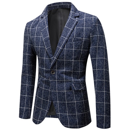 Men Formal Work Blazer Jacket Business Casual Checked Slim Fit Suit Coat Tops - Picture 8 of 28