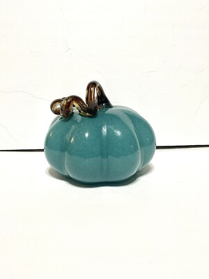 Dusty Blue Blown Glass Pumpkin With Brown Curly Stem