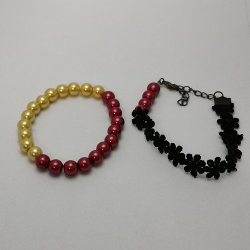 Handmade Women Bracelets Gift Set – Pearl Beaded Elastic Red & Black Lace Choker