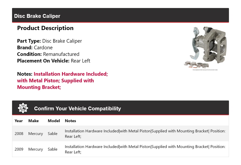 Pinza de freno de disco trasera izquierda Cardone Mercury Sable 2008-2009 Foto 2 de 4