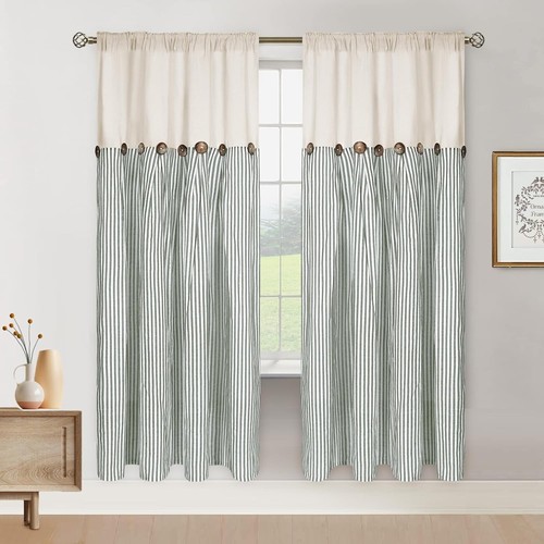 Rustic Farmhouse Cotton Linen Curtains with Buttons - 52x63 In, Set of 2 Panels - Picture 10 of 10