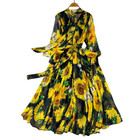Chic Sunflower Floral Long Sleeve Midi Dress | Vintage A-Line Autumn Chiffon