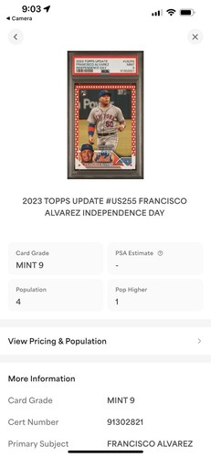 Francisco Alvarez 2023 Topps Update Independence Day /76 (RC) Mets PSA 9 - Picture 3 of 3