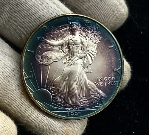 300. 1997 American Silver Eagle 1 Troy Oz .999 Fine Silver BU Rainbow TONED