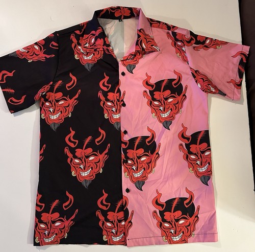 Devil Button Up Shirt Pink & Black Nylon Material Size Medium Short Sleeve - 第 10/11 張圖片
