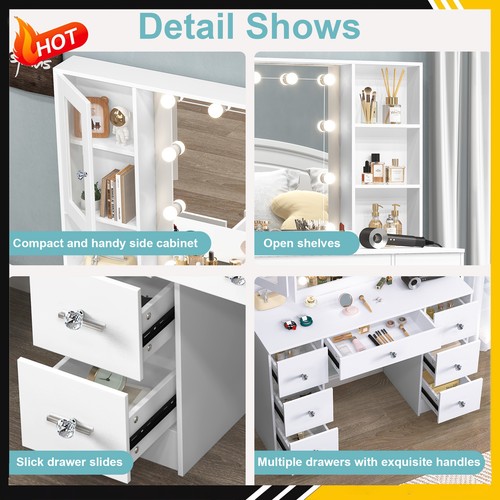 Modern Dresser Desk 7 Drawers Makeup Table 10 LED Bulbs Mirror Vanity Table - Picture 9 of 9