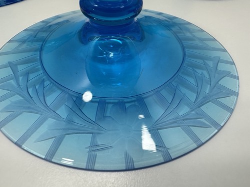Vintage Fostoria Pionier blau Glas Kerzenständer 4er Set Blumenradierung - Bild 11 von 14