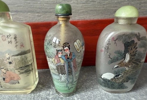 PARFUM SCHNUPFTABAKFLASCHEN 3er Set innen Rückseite handbemalt Glas Jade Tops Vintage - Bild 3 von 11