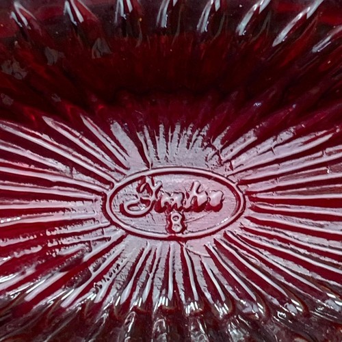 Fenton Ruby Red Glass Daisy & Button Split Handle Small Oval Basket - Picture 5 of 8