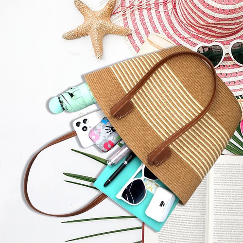 Straw Beach Tote Bag for Women, Large Woven Purse with Zipper for Summer Trav... - Picture 2 of 7