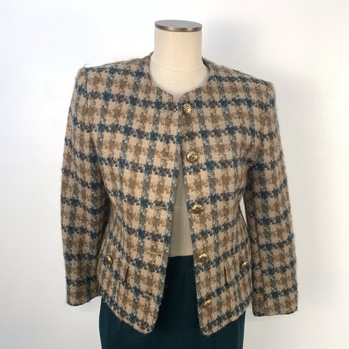 VTG Lady Bowdon Skirt Suit Plaid Blazer Green Tan USA Made Medium See measuremen - Picture 6 of 11