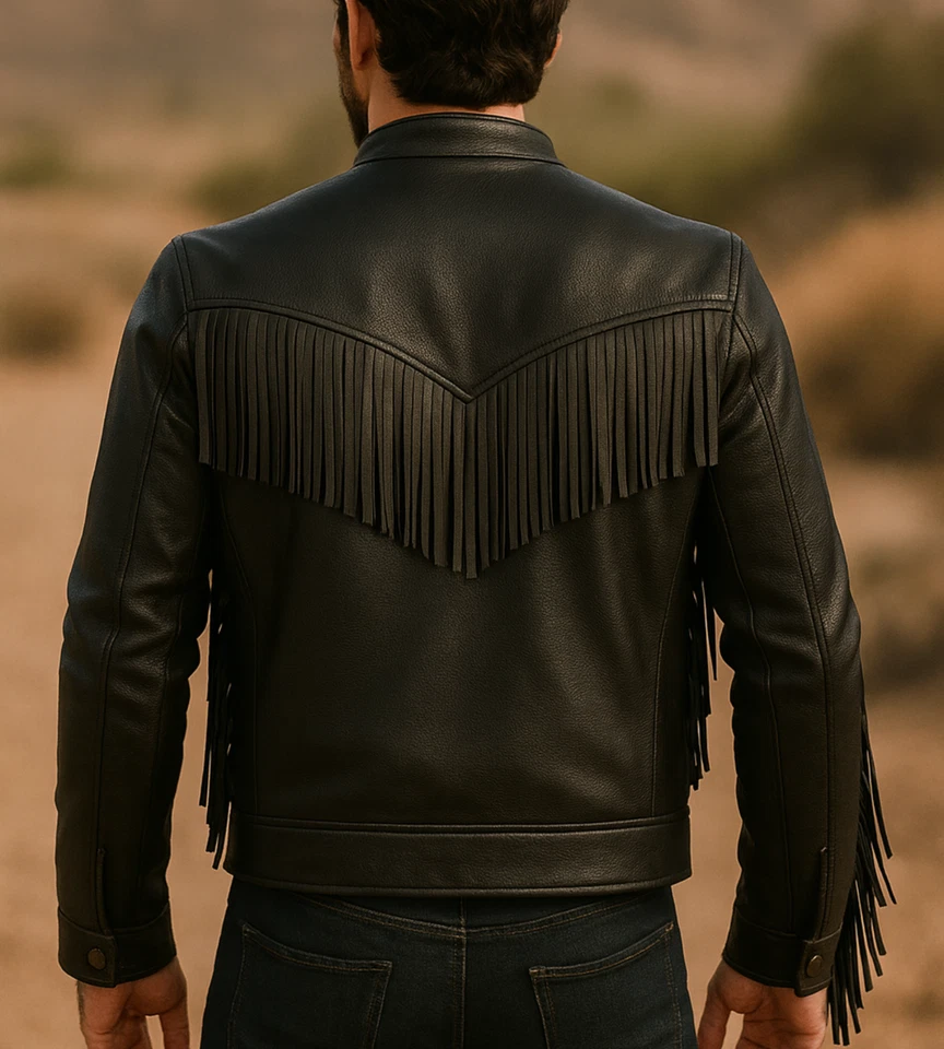 Chaqueta con flecos de cuero de vaca real negra para hombre Abrigo estilo motociclista vaquero occidental. Foto 3 de 4